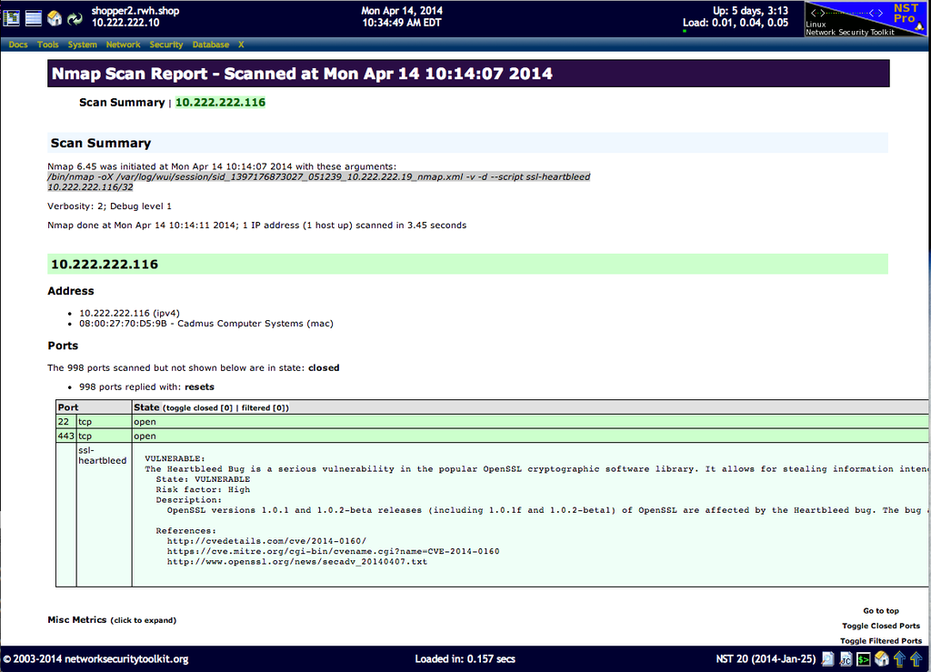 NST WUI Nmap page: Results formated with Nmap XSL, heartbleed vulnerability detected.