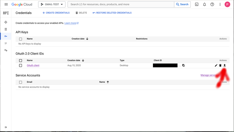 Credentials panel to download the JSON credentials file necessary for initial authentication of script