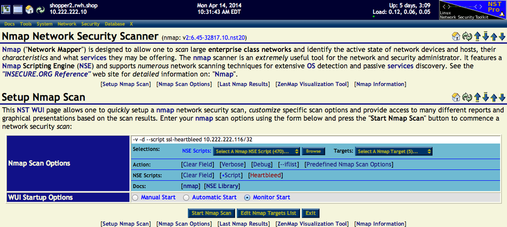 NST WUI Nmap page: nmap NSE script: "ssl-heartbleed"